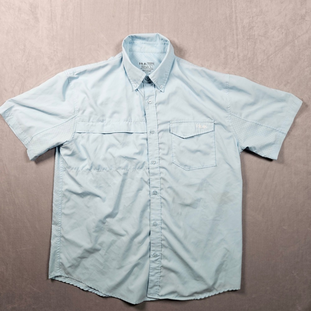 Huk Fishing Shirt Mens Large Blue Performance Short Sleeve Button Up Lightweight